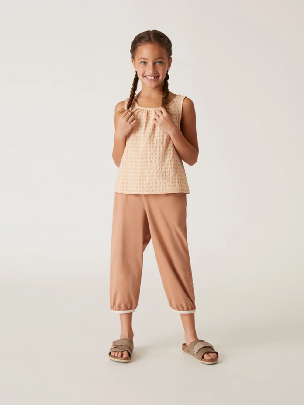 The Sunday Collective Girl’s Peach & Cream Gingham Sleeveless Wrap Top NWT